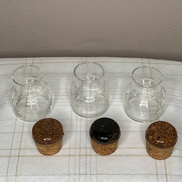3 Glass Jars 3.75”Tall Cork Lids With Acrylic Resin On Top Vintage - Picture 5 of 6